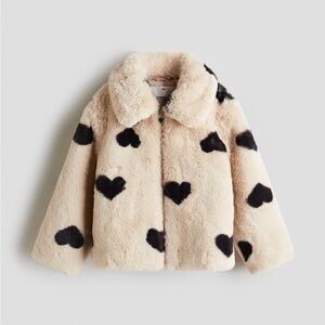 H&M Kids Cream Faux Fur Jacket with Black Hearts